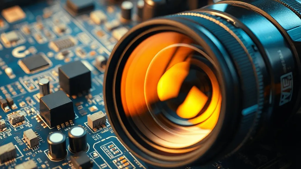 High-tech industrial digital camera lens focusing on a circu