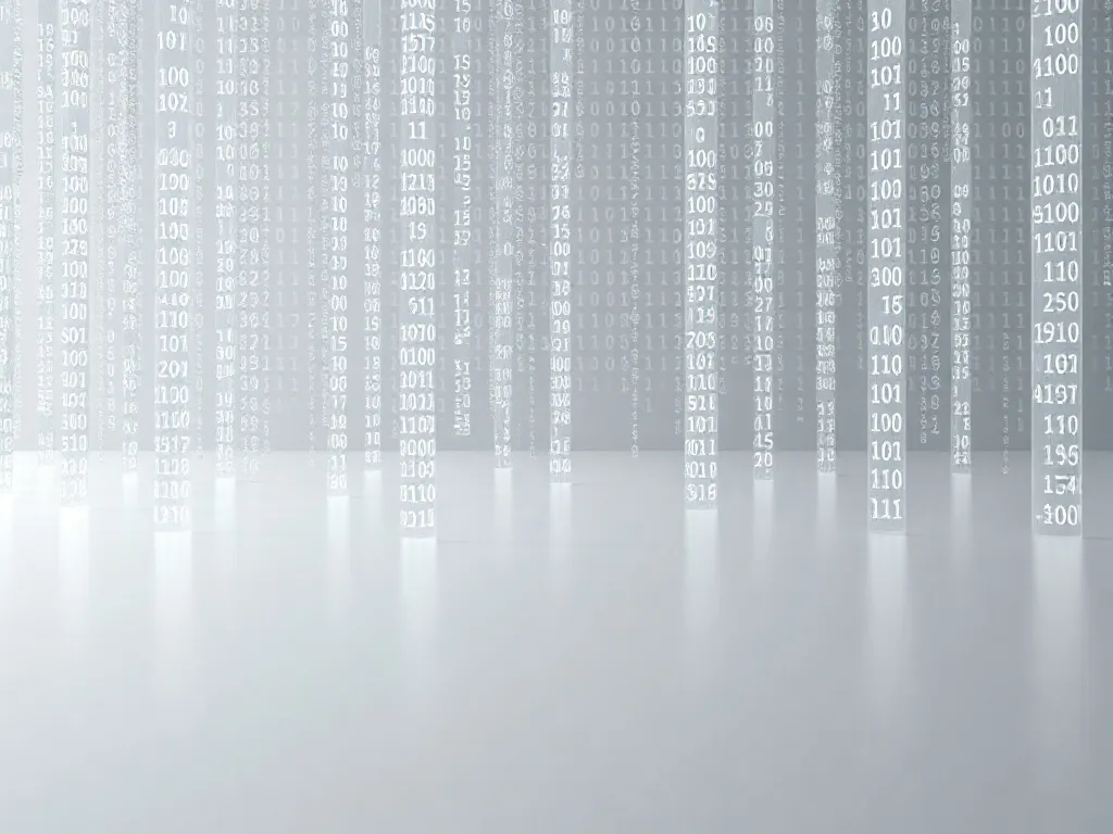 Digital streams of binary code and text, minimalist composit