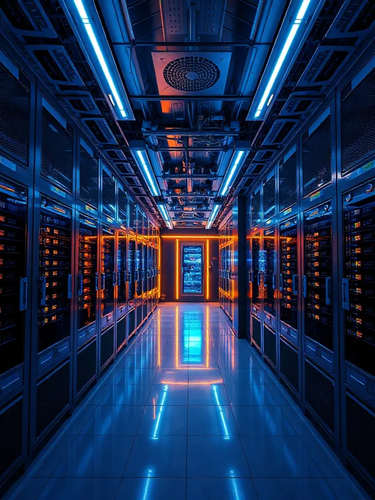 Futuristic server room with cold blue and gold lighting, hig